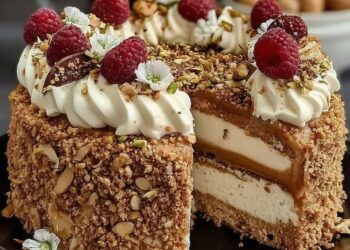 Raspberry Rose Almond Cake With Honey Mascarpone Frosting & Pistachio Crumble