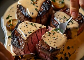 Seared Filet Mignon with Shallot Peppercorn Cream Sauce