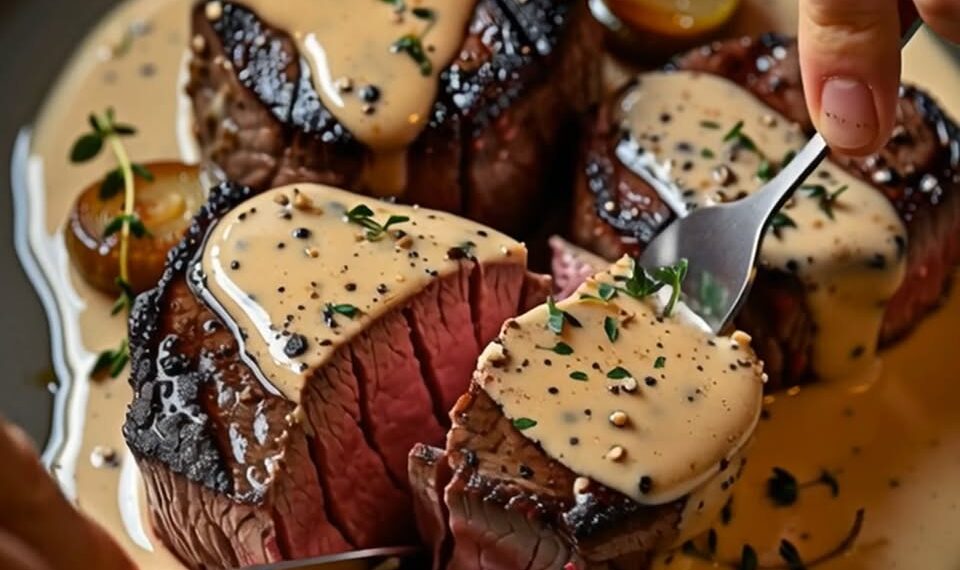 Seared Filet Mignon with Shallot Peppercorn Cream Sauce