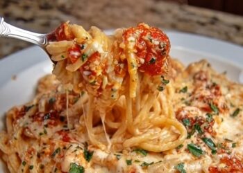 Cheesy Spaghetti in Garlic Parmesan & Cream Cheese Tomato Sauce