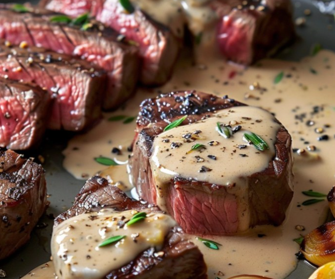 Exquisite Seared Filet Mignon in Shallot Peppercorn Cream Sauce