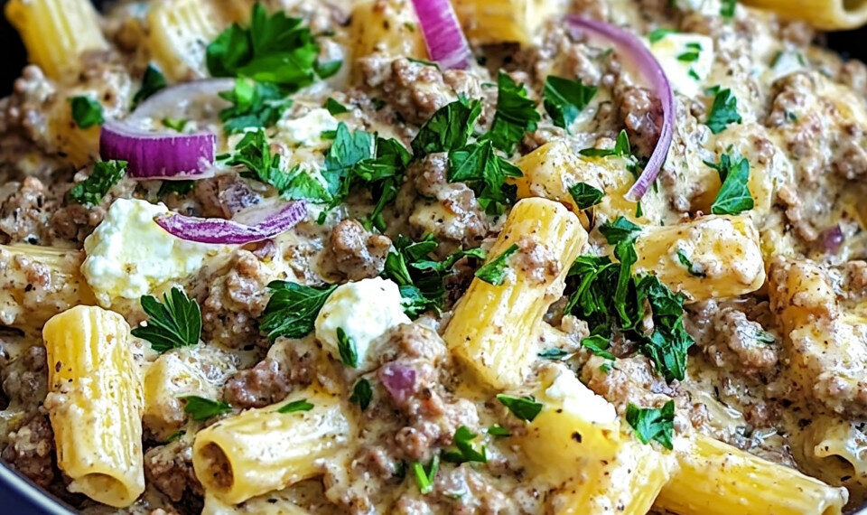 Rigatoni in a Creamy Beef and Feta Sauce