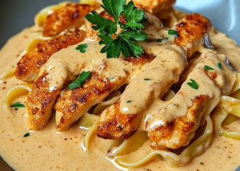 Tender chicken strips with creamy pasta in a rich sauce