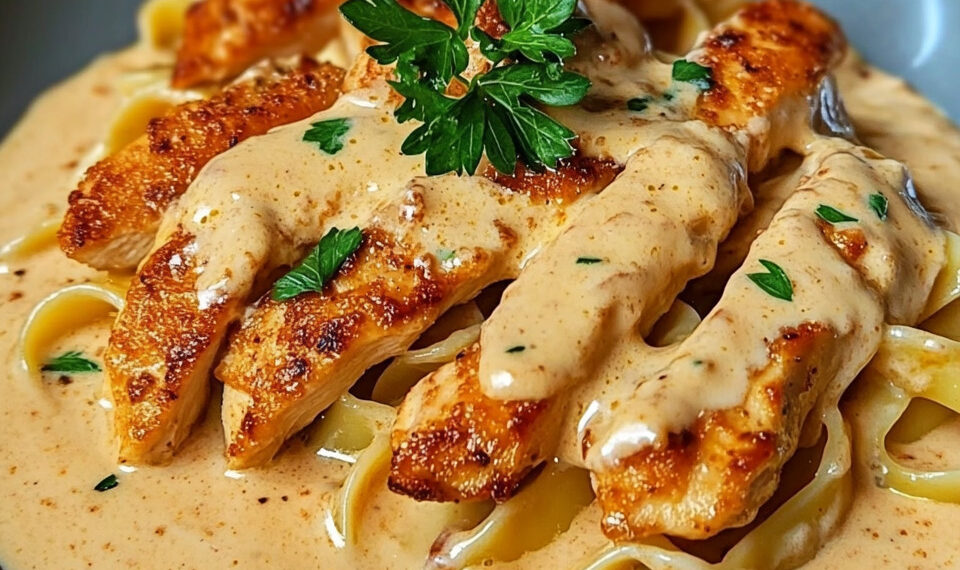 Tender chicken strips with creamy pasta in a rich sauce