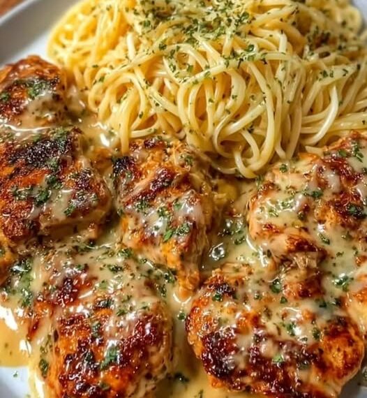 Garlic Butter Chicken Bites with Creamy Parmesan Fettuccine