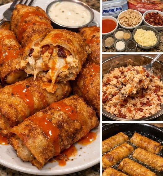 Indulge in Stuffed Crispy Bacon Chicken Buffalo Egg Rolls Today!