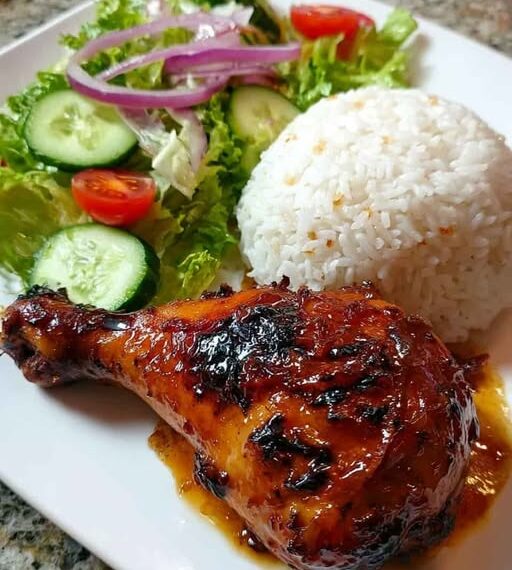 Sticky Glazed Chicken Leg with Rice & Fresh Garden Salad