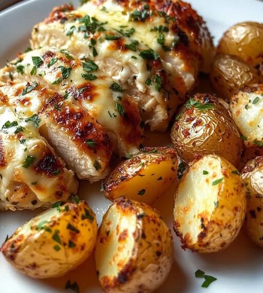Cheesy Garlic Chicken with Crispy Herb Potatoes