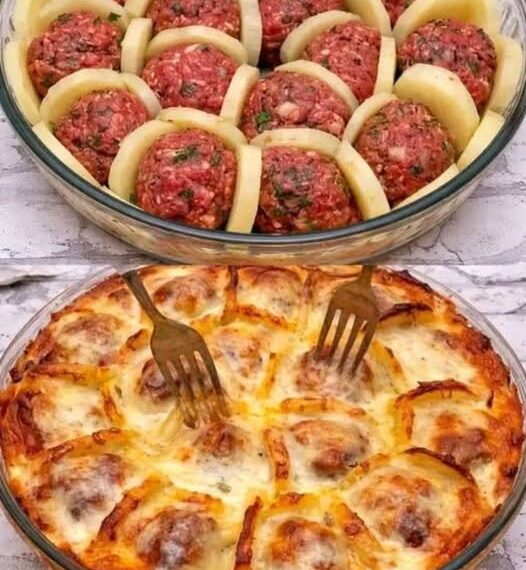 French-Style Potato, Meatball & Cheese Bake