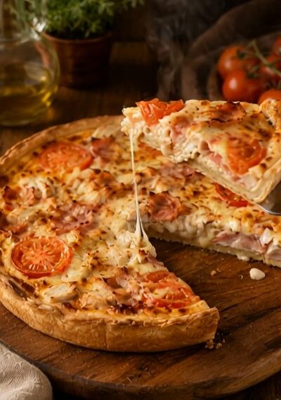 Ham, cheese, tomato and chicken pie