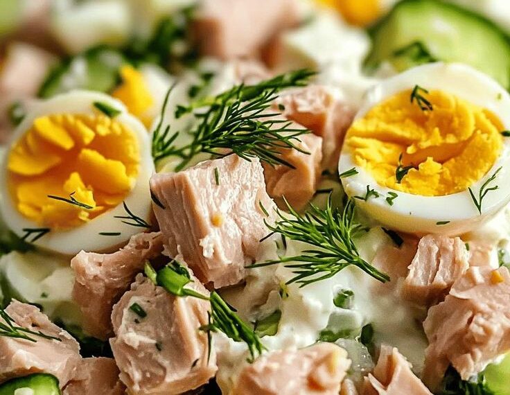 Wow, how can salad be so delicious? Egg, cucumber, and tuna salad.