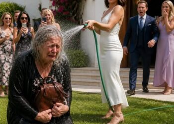 At my son’s engagement celebration, his bride-to-be sprayed me with a garden hose in front of thirty onlookers and sneered: “Beggars don’t belong at weddings here.” I merely held my grocery bag tight to my chest, keeping my phone recording the whole time, waiting for the moment she realized who she was actually dealing with.