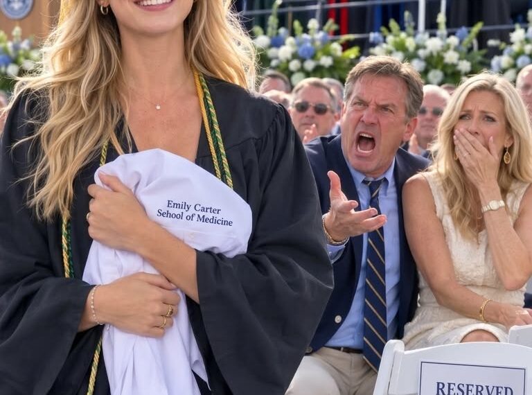 When I was 13 with leukemia, my dad refused to pay my medical bills. He tricked me into signing away his parental rights so he could take his new family on a luxury yacht. He abandoned me. 10 years later, he crashed my medical graduation, offering me $250k to publicly thank him for the cameras. Instead, I stood up, unfolded my white coat, and the entire VIP section gasped in pure shock.