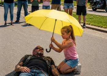As Everyone Else Stood Back and Filmed a Biker Collapsing Beneath the Scorching Sun, Only One Eight-Year-Old Girl Walked Toward Him With a Yellow Umbrella… Moments Later, the Entire Crowd Witnessed Something They Would Never Forget