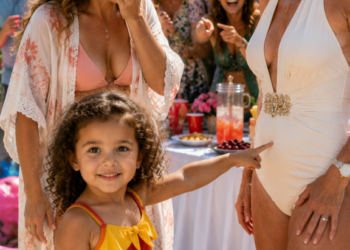 At my daughter Ariel’s third birthday pool party, she suddenly pointed at my stepmother’s stomach and shouted, “Mommy! Daddy’s in there!” Everyone burst into laughter… until I leaned closer and realized what she was actually pointing at. In that instant, every smile disappeared, and I looked straight at my husband. “Glen,” I whispered, “you need to explain this. Right now.”