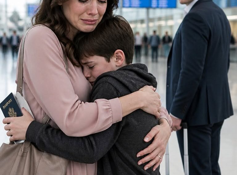 After our divorce hearing, my 12-year-old son chose to live with his father and told the judge, “Mom can’t give me a future.” I walked away without arguing, but at the airport he hugged me, slipped a black card with 6 million dollars into my pocket, and left a message that revealed he had been pretending for a dangerous reason.