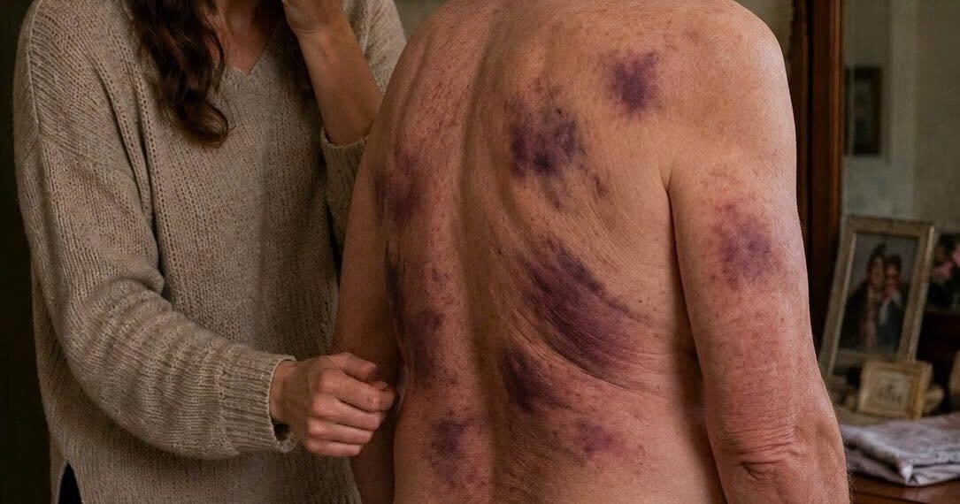 I came home to visit my elderly father, but when I offered to help bathe him, he shrank back in terror. “Please… don’t take off my coat,” he pleaded, his body trembling. The moment I carefully slipped it from his shoulders, I saw dark bruises and rope marks covering his fragile skin.