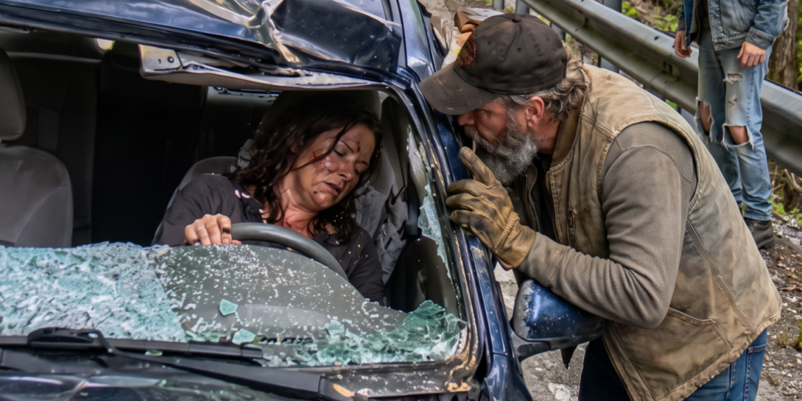 My stepson sabotaged our brakes and stood watching as our vehicle cra:sh:ed over the edge. Trapped beneath the wre:cka:ge, wou:nded and struggling to breathe, I heard a truck driver whisper through the broken window, “Play dead… he hasn’t left yet.” But once my stepson finally drove away, the stranger revealed something far more terrifying.