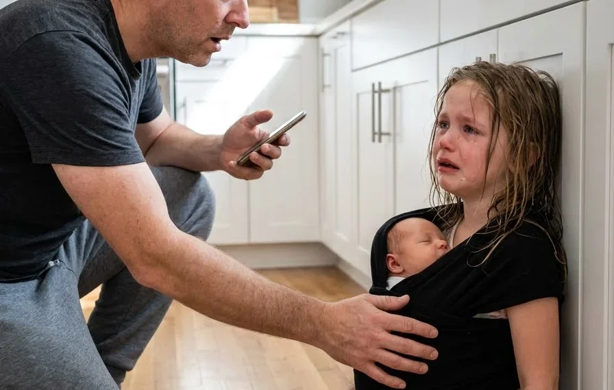 My 9-year-old daughter called me from home and whispered, “Dad, I can’t hold the baby anymore.” I rushed back and found her worn out on the kitchen floor with my 8-month-old son strapped against her chest.
