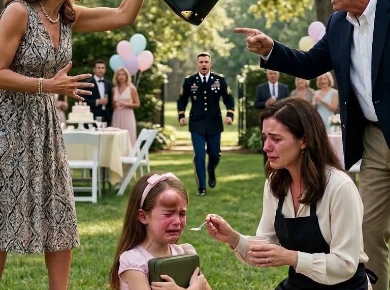 My sister ruined my daughter’s face right at her birthday party: ‘Nobody cares about a fatherless mistake!’ My daughter cried, blood soaking her pink dress. My mom just laughed: ‘She got exactly what she deserved.’ My dad snapped: ‘Get your trash out of here, never come back!’ I just sent one video to my husband, deployed far away. 3 days later, military trucks surrounded the house. The whole family went pale.