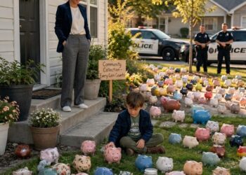 My six-year-old son gave away every dollar he had saved to help our elderly neighbor get her electricity turned back on. The following morning, I opened our front door and found our entire yard covered with piggy banks, while police cars blocked the street.